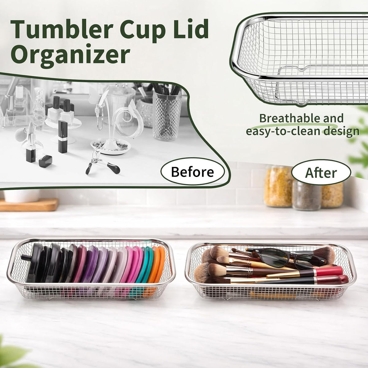 3 Pcs Tumbler Storage Set, Expandable Water Bottle Organizer for Cabinet, Include 2 Stainless Steel Cup Lid Organizer and 3 Tier Adjustable Bottle Holder Rack for Kitchen, Sport Flask, Fridge