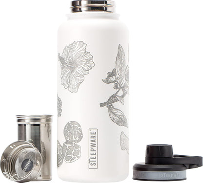 Himalayan Tea Tumbler - Travel Bottle with Tea Infuser for Loose Leaf Tea or Iced Coffee - 32oz, White-Etched - Double-Walled Insulated Bottle - Keeps Drinks Hot & Cold for Hours