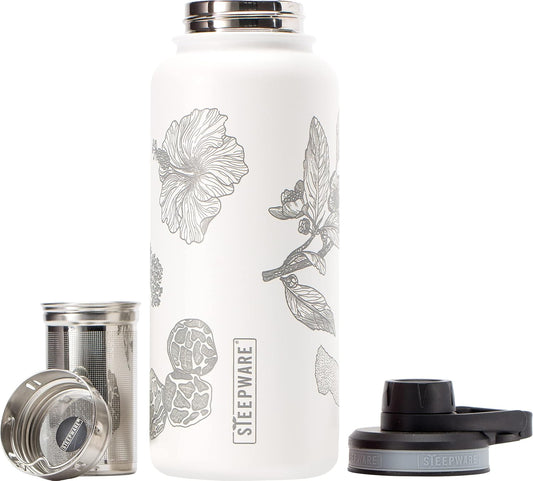 Himalayan Tea Tumbler - Travel Bottle with Tea Infuser for Loose Leaf Tea or Iced Coffee - 32oz, White-Etched - Double-Walled Insulated Bottle - Keeps Drinks Hot & Cold for Hours
