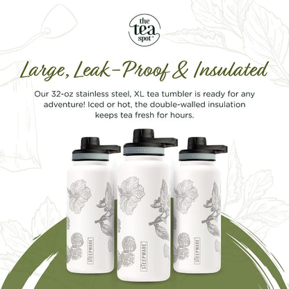 Himalayan Tea Tumbler - Travel Bottle with Tea Infuser for Loose Leaf Tea or Iced Coffee - 32oz, White-Etched - Double-Walled Insulated Bottle - Keeps Drinks Hot & Cold for Hours