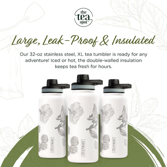 Himalayan Tea Tumbler - Travel Bottle with Tea Infuser for Loose Leaf Tea or Iced Coffee - 32oz, White-Etched - Double-Walled Insulated Bottle - Keeps Drinks Hot & Cold for Hours