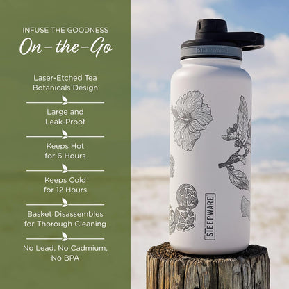 Himalayan Tea Tumbler - Travel Bottle with Tea Infuser for Loose Leaf Tea or Iced Coffee - 32oz, White-Etched - Double-Walled Insulated Bottle - Keeps Drinks Hot & Cold for Hours