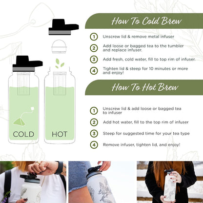 Himalayan Tea Tumbler - Travel Bottle with Tea Infuser for Loose Leaf Tea or Iced Coffee - 32oz, White-Etched - Double-Walled Insulated Bottle - Keeps Drinks Hot & Cold for Hours