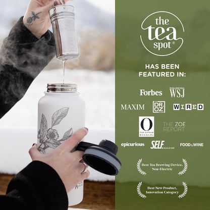 Himalayan Tea Tumbler - Travel Bottle with Tea Infuser for Loose Leaf Tea or Iced Coffee - 32oz, White-Etched - Double-Walled Insulated Bottle - Keeps Drinks Hot & Cold for Hours