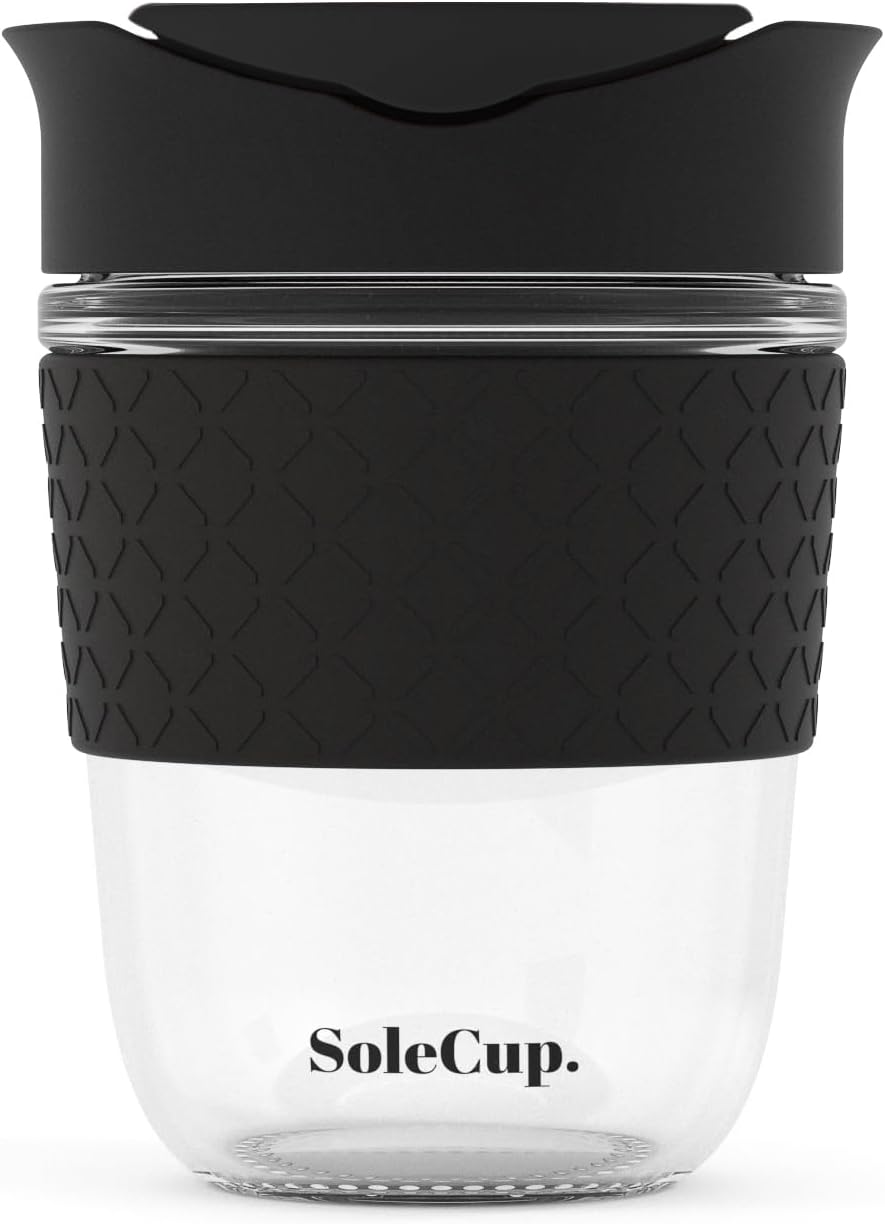 Reusable Strengthened Glass Travel Cup - Spill Proof Coffee Mug - 12oz/340ml BPA-Free Hot Drink Travel Mug with Lid & Silicone Band (Gray and Blue, 12oz)