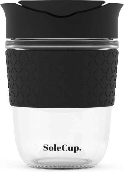 Reusable Strengthened Glass Travel Cup - Spill Proof Coffee Mug - 12oz/340ml BPA-Free Hot Drink Travel Mug with Lid & Silicone Band (Gray and Blue, 12oz)