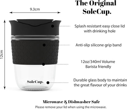 Reusable Strengthened Glass Travel Cup - Spill Proof Coffee Mug - 12oz/340ml BPA-Free Hot Drink Travel Mug with Lid & Silicone Band (Gray and Blue, 12oz)