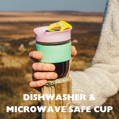 Reusable Strengthened Glass Travel Cup - Spill Proof Coffee Mug - 12oz/340ml BPA-Free Hot Drink Travel Mug with Lid & Silicone Band (Gray and Blue, 12oz)