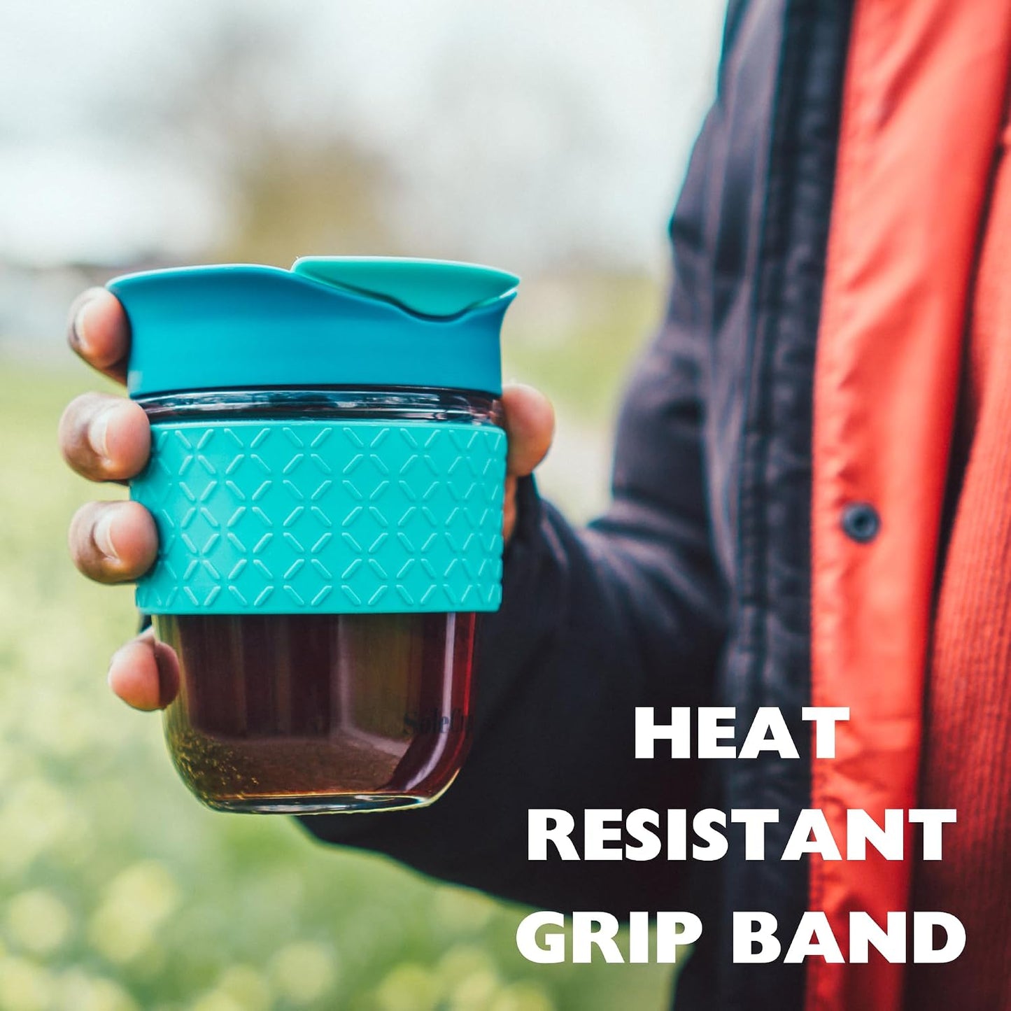 Reusable Strengthened Glass Travel Cup - Spill Proof Coffee Mug - 12oz/340ml BPA-Free Hot Drink Travel Mug with Lid & Silicone Band (Gray and Blue, 12oz)
