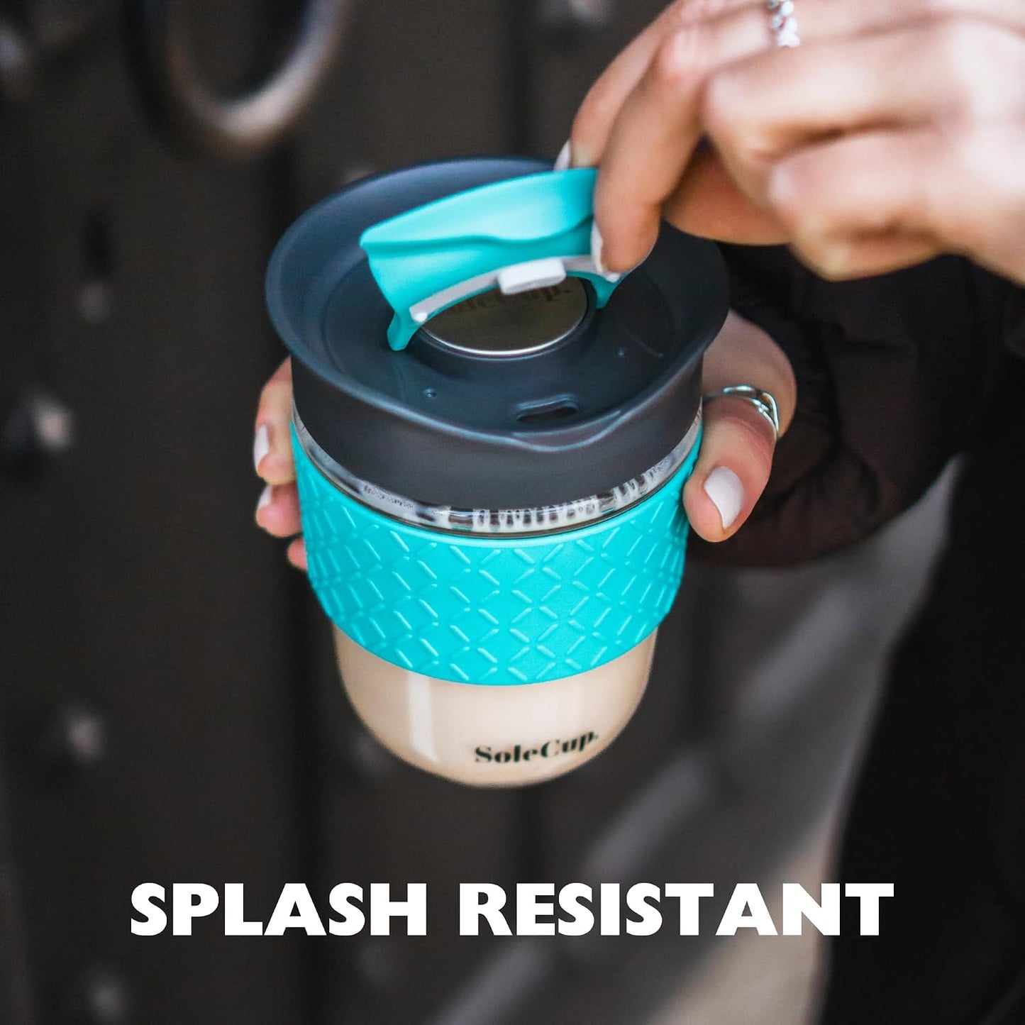 Reusable Strengthened Glass Travel Cup - Spill Proof Coffee Mug - 12oz/340ml BPA-Free Hot Drink Travel Mug with Lid & Silicone Band (Gray and Blue, 12oz)