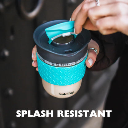 Reusable Strengthened Glass Travel Cup - Spill Proof Coffee Mug - 12oz/340ml BPA-Free Hot Drink Travel Mug with Lid & Silicone Band (Gray and Blue, 12oz)