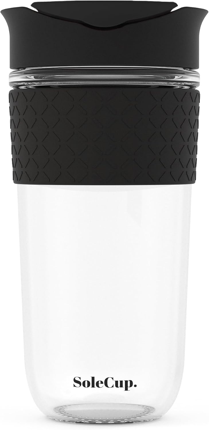 Reusable Strengthened Glass Travel Cup - Spill Proof Coffee Mug - 12oz/340ml BPA-Free Hot Drink Travel Mug with Lid & Silicone Band (Gray and Blue, 12oz)