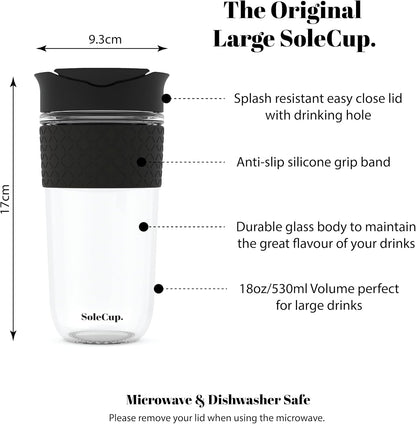 Reusable Strengthened Glass Travel Cup - Spill Proof Coffee Mug - 12oz/340ml BPA-Free Hot Drink Travel Mug with Lid & Silicone Band (Gray and Blue, 12oz)