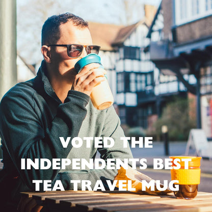 Reusable Strengthened Glass Travel Cup - Spill Proof Coffee Mug - 12oz/340ml BPA-Free Hot Drink Travel Mug with Lid & Silicone Band (Gray and Blue, 12oz)