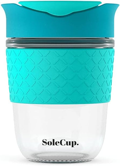 Reusable Strengthened Glass Travel Cup - Spill Proof Coffee Mug - 12oz/340ml BPA-Free Hot Drink Travel Mug with Lid & Silicone Band (Gray and Blue, 12oz)