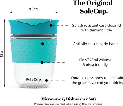 Reusable Strengthened Glass Travel Cup - Spill Proof Coffee Mug - 12oz/340ml BPA-Free Hot Drink Travel Mug with Lid & Silicone Band (Gray and Blue, 12oz)