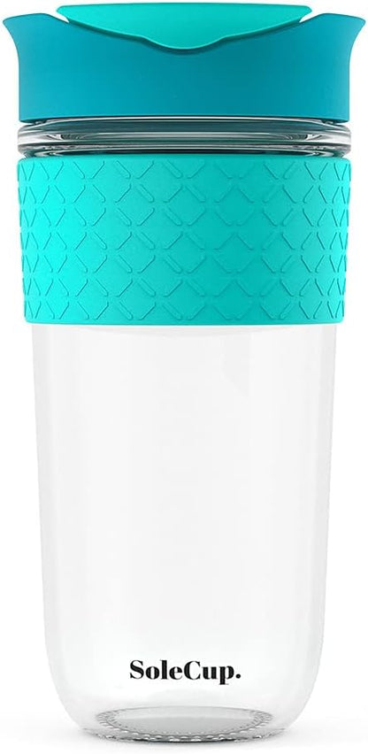 Reusable Strengthened Glass Travel Cup - Spill Proof Coffee Mug - 12oz/340ml BPA-Free Hot Drink Travel Mug with Lid & Silicone Band (Gray and Blue, 12oz)