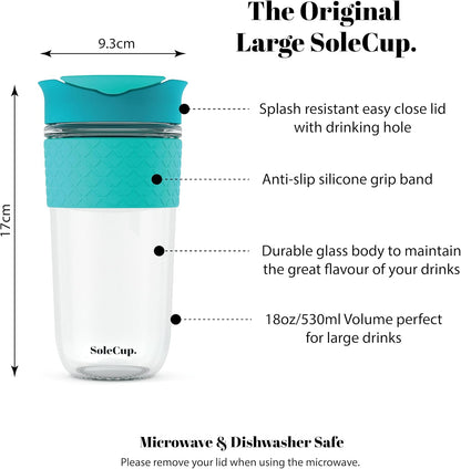 Reusable Strengthened Glass Travel Cup - Spill Proof Coffee Mug - 12oz/340ml BPA-Free Hot Drink Travel Mug with Lid & Silicone Band (Gray and Blue, 12oz)