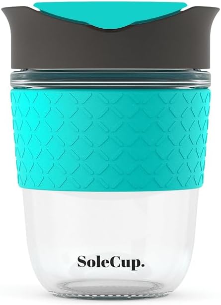 Reusable Strengthened Glass Travel Cup - Spill Proof Coffee Mug - 12oz/340ml BPA-Free Hot Drink Travel Mug with Lid & Silicone Band (Gray and Blue, 12oz)