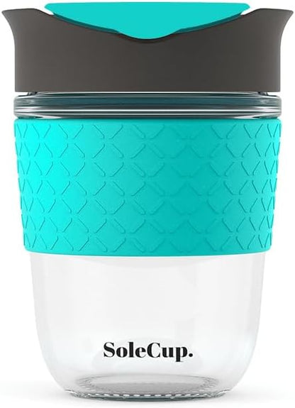 Reusable Strengthened Glass Travel Cup - Spill Proof Coffee Mug - 12oz/340ml BPA-Free Hot Drink Travel Mug with Lid & Silicone Band (Gray and Blue, 12oz)