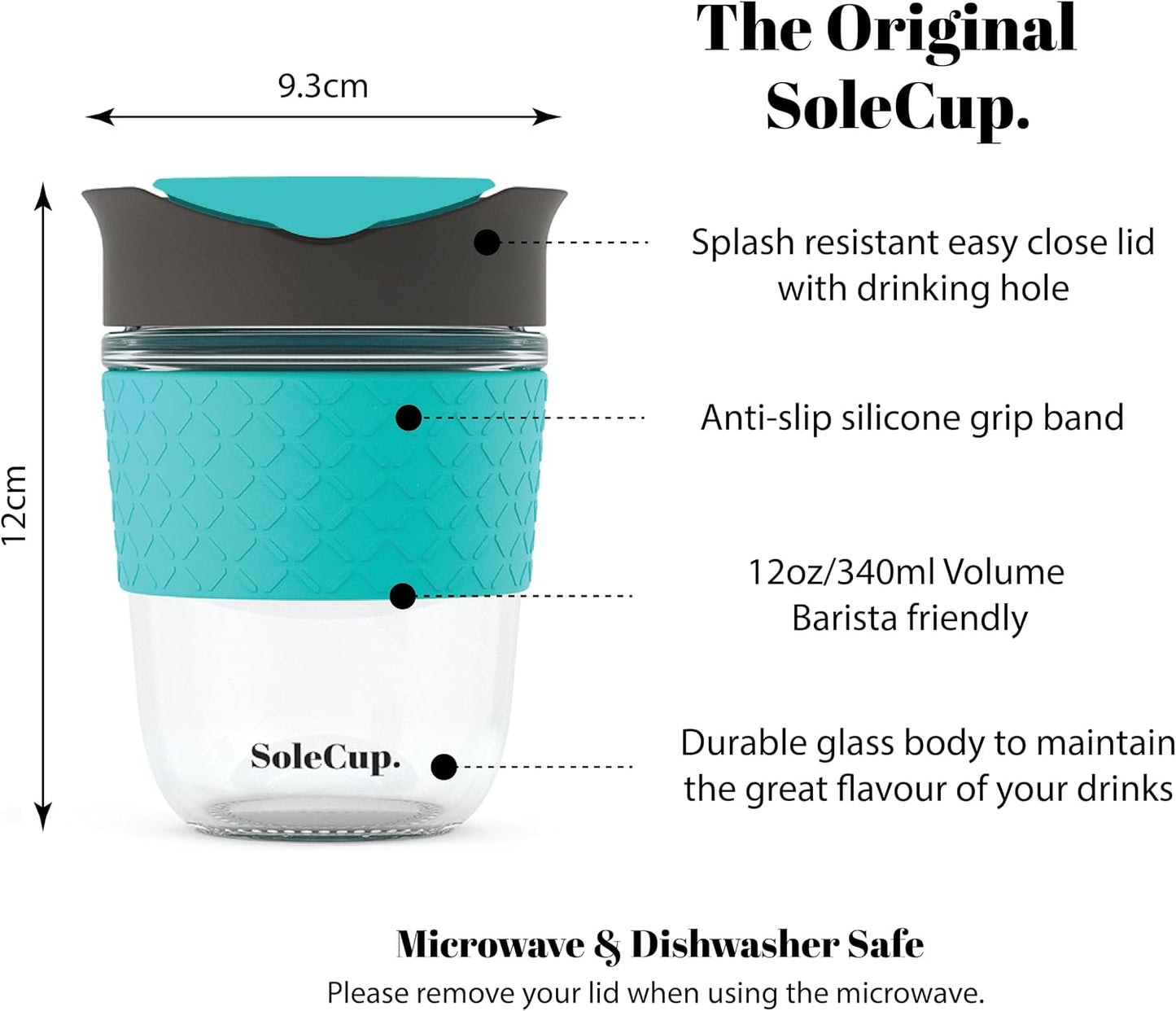 Reusable Strengthened Glass Travel Cup - Spill Proof Coffee Mug - 12oz/340ml BPA-Free Hot Drink Travel Mug with Lid & Silicone Band (Gray and Blue, 12oz)
