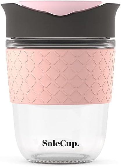 Reusable Strengthened Glass Travel Cup - Spill Proof Coffee Mug - 12oz/340ml BPA-Free Hot Drink Travel Mug with Lid & Silicone Band (Gray and Blue, 12oz)