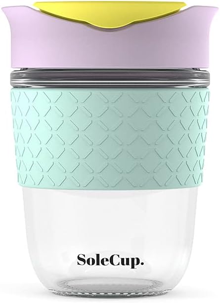 Reusable Strengthened Glass Travel Cup - Spill Proof Coffee Mug - 12oz/340ml BPA-Free Hot Drink Travel Mug with Lid & Silicone Band (Gray and Blue, 12oz)
