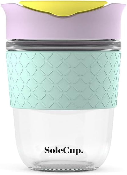 Reusable Strengthened Glass Travel Cup - Spill Proof Coffee Mug - 12oz/340ml BPA-Free Hot Drink Travel Mug with Lid & Silicone Band (Gray and Blue, 12oz)
