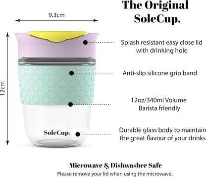 Reusable Strengthened Glass Travel Cup - Spill Proof Coffee Mug - 12oz/340ml BPA-Free Hot Drink Travel Mug with Lid & Silicone Band (Gray and Blue, 12oz)