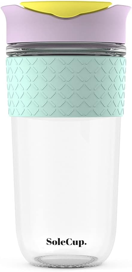 Reusable Strengthened Glass Travel Cup - Spill Proof Coffee Mug - 12oz/340ml BPA-Free Hot Drink Travel Mug with Lid & Silicone Band (Gray and Blue, 12oz)
