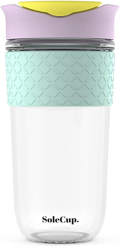 Reusable Strengthened Glass Travel Cup - Spill Proof Coffee Mug - 12oz/340ml BPA-Free Hot Drink Travel Mug with Lid & Silicone Band (Gray and Blue, 12oz)