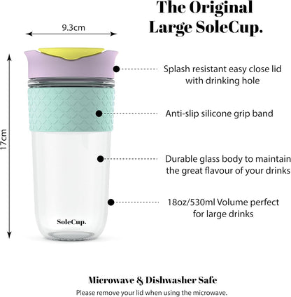 Reusable Strengthened Glass Travel Cup - Spill Proof Coffee Mug - 12oz/340ml BPA-Free Hot Drink Travel Mug with Lid & Silicone Band (Gray and Blue, 12oz)