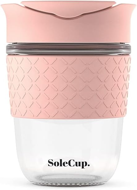Reusable Strengthened Glass Travel Cup - Spill Proof Coffee Mug - 12oz/340ml BPA-Free Hot Drink Travel Mug with Lid & Silicone Band (Gray and Blue, 12oz)