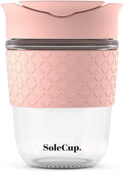 Reusable Strengthened Glass Travel Cup - Spill Proof Coffee Mug - 12oz/340ml BPA-Free Hot Drink Travel Mug with Lid & Silicone Band (Gray and Blue, 12oz)