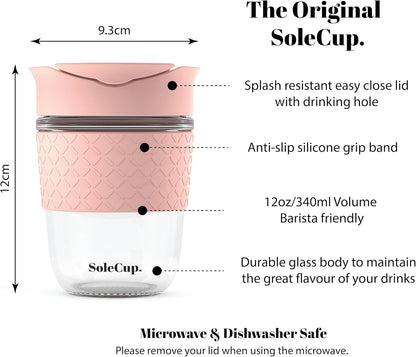 Reusable Strengthened Glass Travel Cup - Spill Proof Coffee Mug - 12oz/340ml BPA-Free Hot Drink Travel Mug with Lid & Silicone Band (Gray and Blue, 12oz)