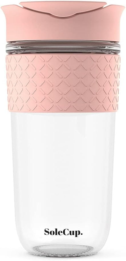 Reusable Strengthened Glass Travel Cup - Spill Proof Coffee Mug - 12oz/340ml BPA-Free Hot Drink Travel Mug with Lid & Silicone Band (Gray and Blue, 12oz)