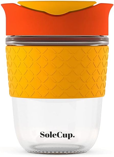 Reusable Strengthened Glass Travel Cup - Spill Proof Coffee Mug - 12oz/340ml BPA-Free Hot Drink Travel Mug with Lid & Silicone Band (Gray and Blue, 12oz)