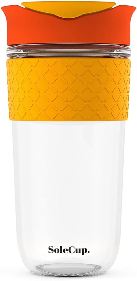 Reusable Strengthened Glass Travel Cup - Spill Proof Coffee Mug - 12oz/340ml BPA-Free Hot Drink Travel Mug with Lid & Silicone Band (Gray and Blue, 12oz)