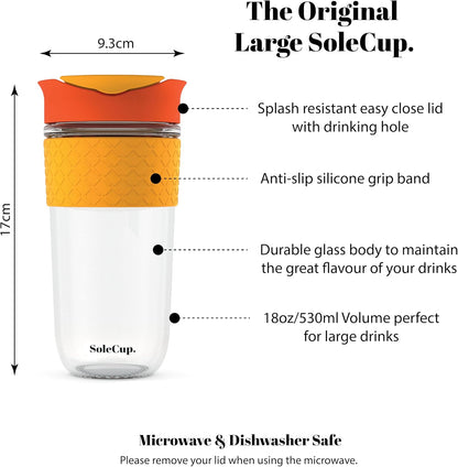 Reusable Strengthened Glass Travel Cup - Spill Proof Coffee Mug - 12oz/340ml BPA-Free Hot Drink Travel Mug with Lid & Silicone Band (Gray and Blue, 12oz)
