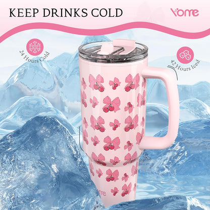 YOME 40oz Bow Cherry Tumbler Handle and Flip Straw | Stainless Steel Insulated Cute Water Bottle | Keeps Drinks Cold | Dishwasher Safe | Cupholder Friendly | Gift Gym Travel Yoga - Colors A