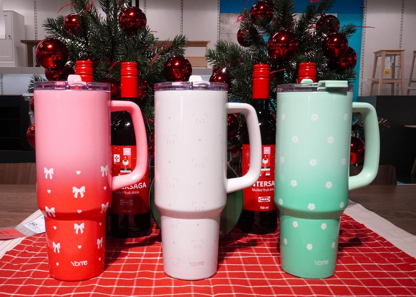 YOME 40oz Bow Cherry Tumbler Handle and Flip Straw | Stainless Steel Insulated Cute Water Bottle | Keeps Drinks Cold | Dishwasher Safe | Cupholder Friendly | Gift Gym Travel Yoga - Colors A
