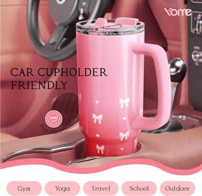 YOME 40oz Bow Cherry Tumbler Handle and Flip Straw | Stainless Steel Insulated Cute Water Bottle | Keeps Drinks Cold | Dishwasher Safe | Cupholder Friendly | Gift Gym Travel Yoga - Colors A