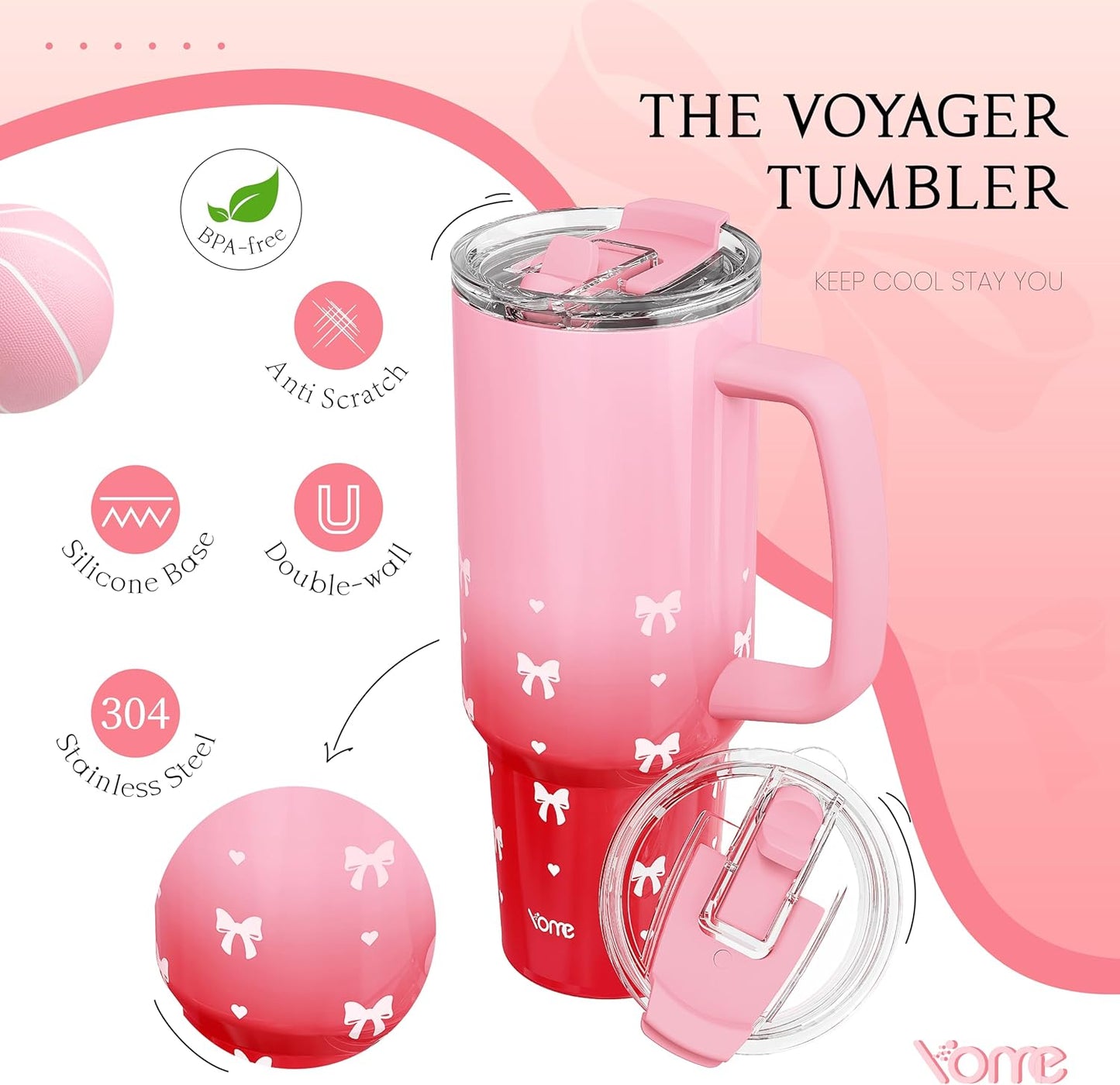 YOME 40oz Bow Cherry Tumbler Handle and Flip Straw | Stainless Steel Insulated Cute Water Bottle | Keeps Drinks Cold | Dishwasher Safe | Cupholder Friendly | Gift Gym Travel Yoga - Colors A