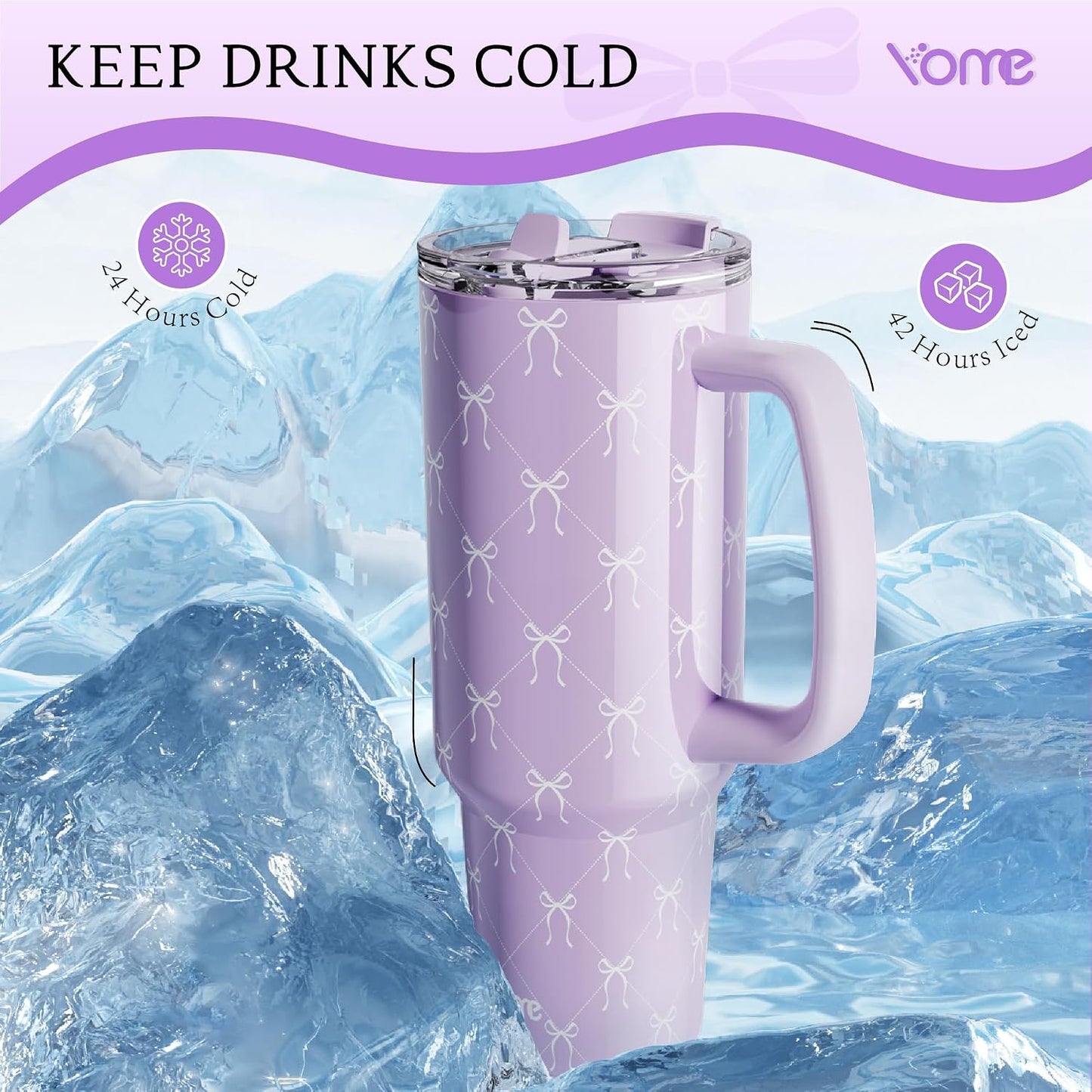 YOME 40oz Bow Cherry Tumbler Handle and Flip Straw | Stainless Steel Insulated Cute Water Bottle | Keeps Drinks Cold | Dishwasher Safe | Cupholder Friendly | Gift Gym Travel Yoga - Colors A