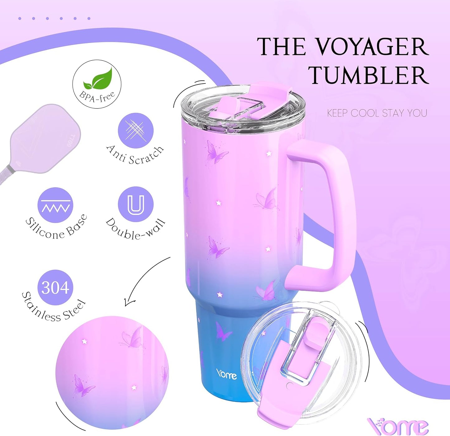 YOME 40oz Bow Cherry Tumbler Handle and Flip Straw | Stainless Steel Insulated Cute Water Bottle | Keeps Drinks Cold | Dishwasher Safe | Cupholder Friendly | Gift Gym Travel Yoga - Colors A