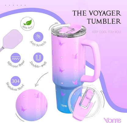 YOME 40oz Bow Cherry Tumbler Handle and Flip Straw | Stainless Steel Insulated Cute Water Bottle | Keeps Drinks Cold | Dishwasher Safe | Cupholder Friendly | Gift Gym Travel Yoga - Colors A