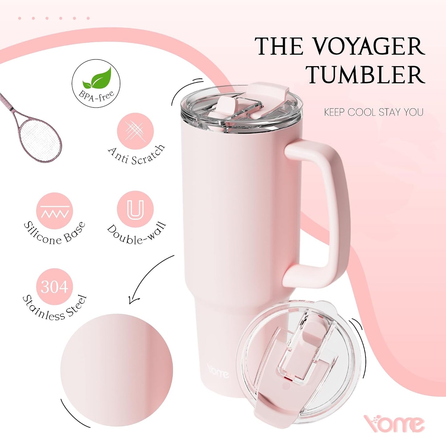 YOME 40oz Bow Cherry Tumbler Handle and Flip Straw | Stainless Steel Insulated Cute Water Bottle | Keeps Drinks Cold | Dishwasher Safe | Cupholder Friendly | Gift Gym Travel Yoga - Colors A