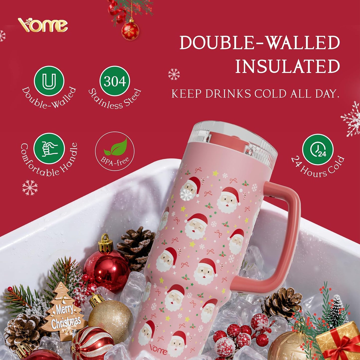 YOME 40oz Bow Cherry Tumbler Handle and Flip Straw | Stainless Steel Insulated Cute Water Bottle | Keeps Drinks Cold | Dishwasher Safe | Cupholder Friendly | Gift Gym Travel Yoga - Colors A