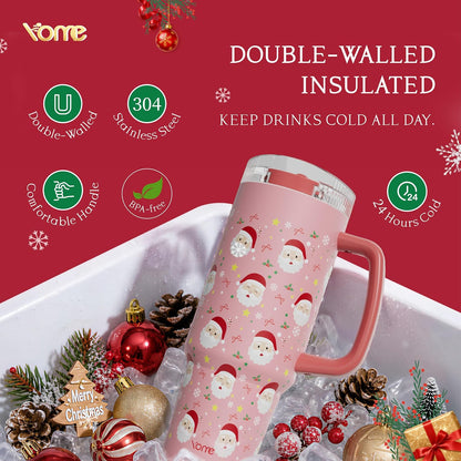 YOME 40oz Bow Cherry Tumbler Handle and Flip Straw | Stainless Steel Insulated Cute Water Bottle | Keeps Drinks Cold | Dishwasher Safe | Cupholder Friendly | Gift Gym Travel Yoga - Colors A