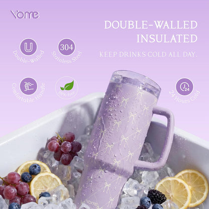 YOME 40oz Bow Cherry Tumbler Handle and Flip Straw | Stainless Steel Insulated Cute Water Bottle | Keeps Drinks Cold | Dishwasher Safe | Cupholder Friendly | Gift Gym Travel Yoga - Colors A